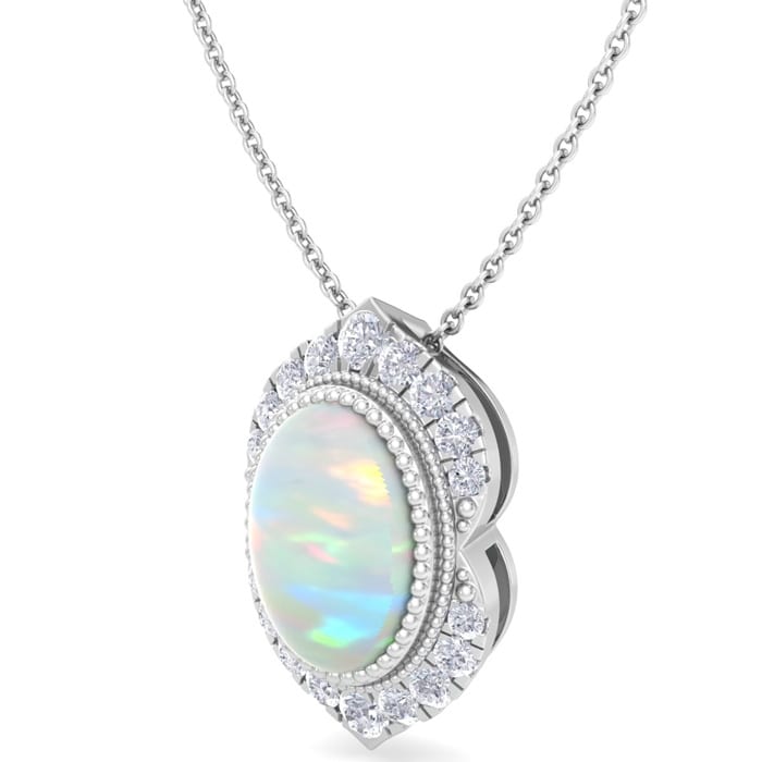 1-1/5 Carat Oval Shape Opal and Diamond Necklace In 14K White Gold