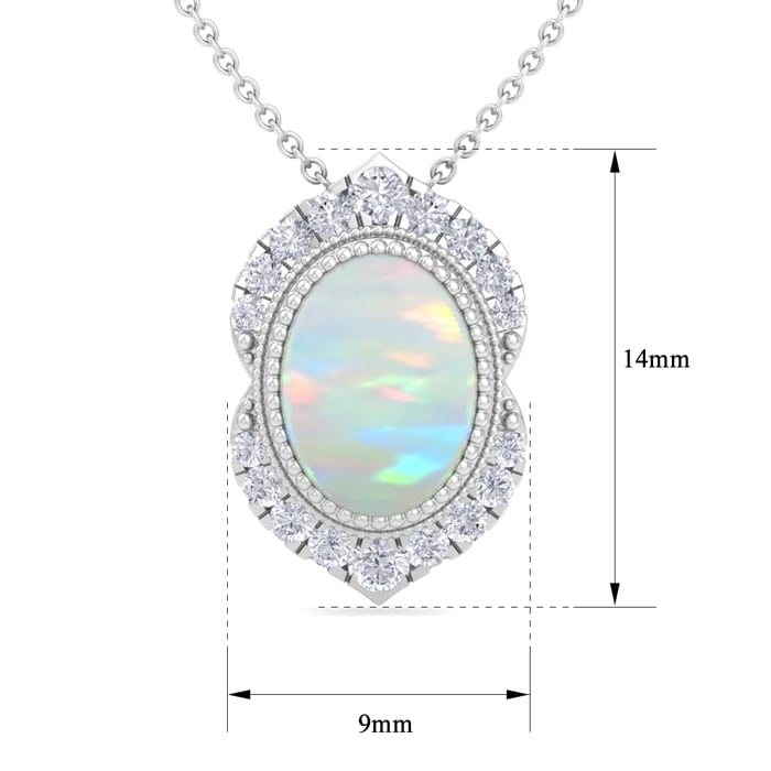1-1/5 Carat Oval Shape Opal and Diamond Necklace In 14K White Gold