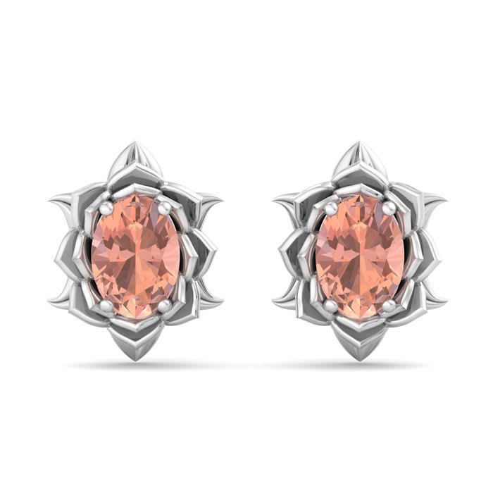 1-1/2 Carat Oval Shape Morganite Ornate Stud Earrings In 14K White Gold