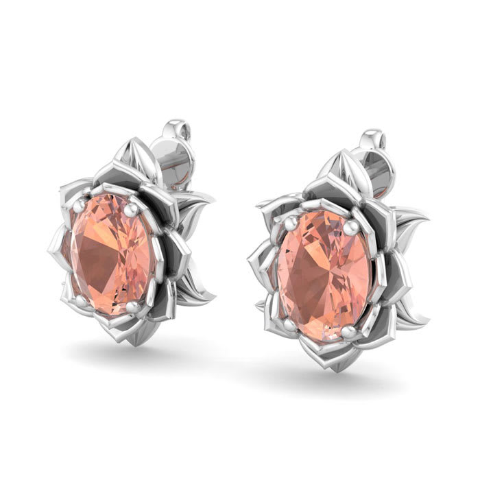 1-1/2 Carat Oval Shape Morganite Ornate Stud Earrings In 14K White Gold