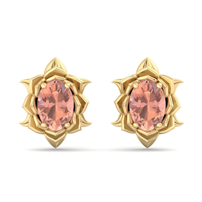 1-1/2 Carat Oval Shape Morganite Ornate Stud Earrings In 14K Yellow Gold