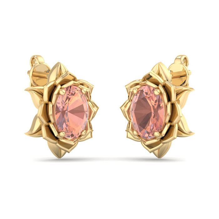 1-1/2 Carat Oval Shape Morganite Ornate Stud Earrings In 14K Yellow Gold