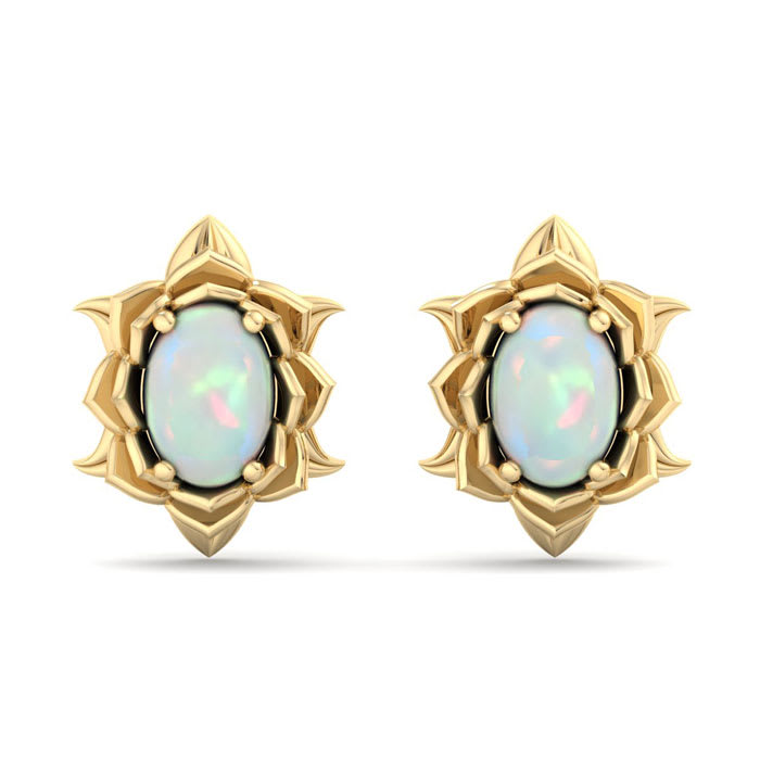 1-1/2 Carat Oval Shape Opal Stud Earrings In 14K Yellow Gold