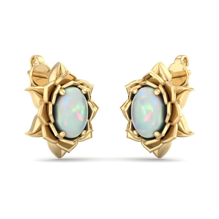 1-1/2 Carat Oval Shape Opal Stud Earrings In 14K Yellow Gold