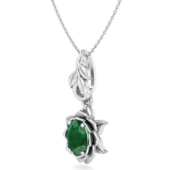 3/4 Carat Oval Shape Emerald Necklaces With Ornate Vine Design In 14 Karat White Gold, 18 Inch Chain