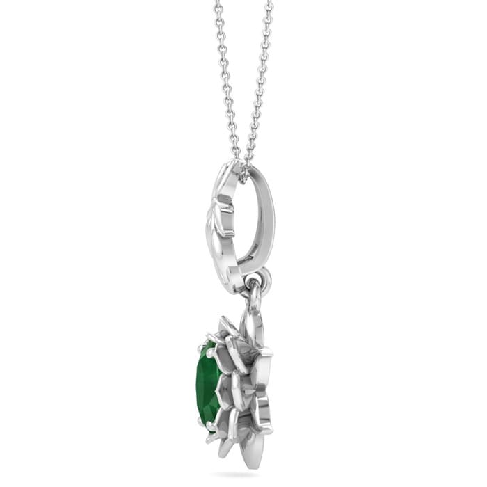 3/4 Carat Oval Shape Emerald Necklaces With Ornate Vine Design In 14 Karat White Gold, 18 Inch Chain
