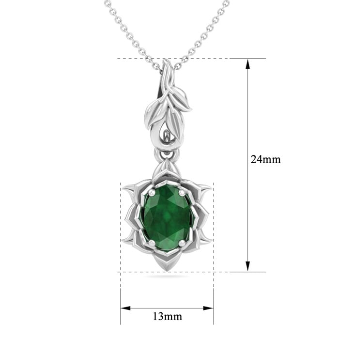 3/4 Carat Oval Shape Emerald Necklaces With Ornate Vine Design In 14 Karat White Gold, 18 Inch Chain
