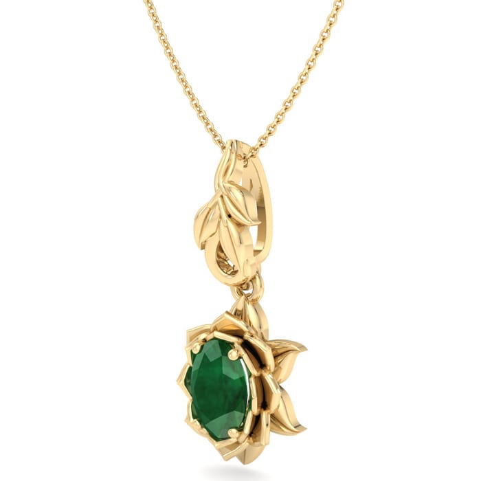3/4 Carat Oval Shape Emerald Necklaces With Ornate Vine Design In 14 Karat Yellow Gold, 18 Inch Chain