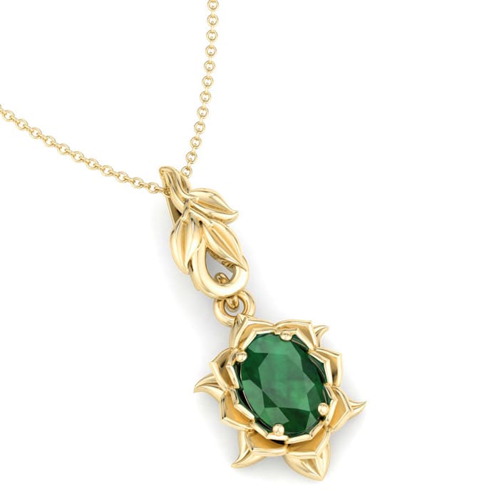 3/4 Carat Oval Shape Emerald Necklaces With Ornate Vine Design In 14 Karat Yellow Gold, 18 Inch Chain