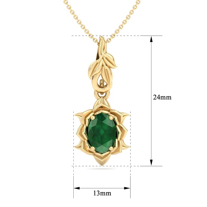 3/4 Carat Oval Shape Emerald Necklaces With Ornate Vine Design In 14 Karat Yellow Gold, 18 Inch Chain