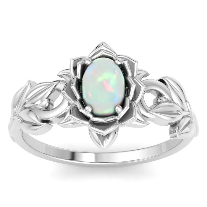 3/4 Carat Oval Shape Opal Ring with Floral Design In 14K White Gold