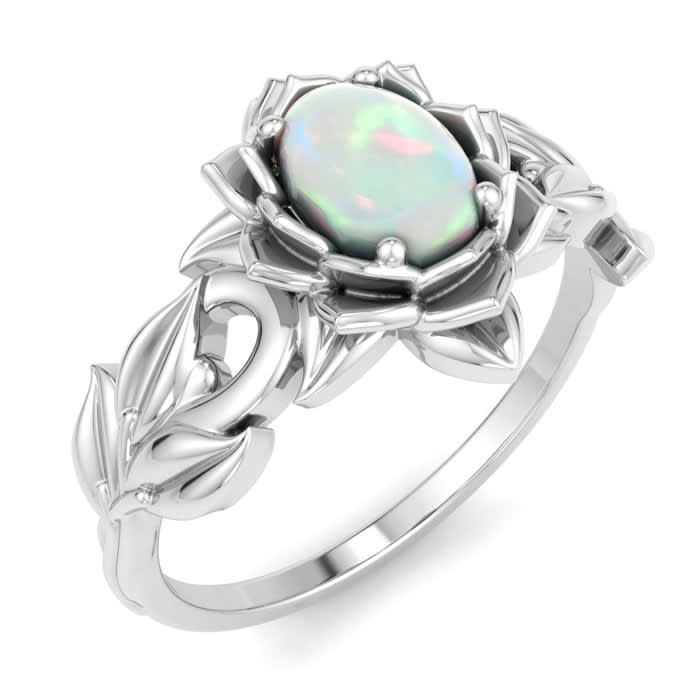3/4 Carat Oval Shape Opal Ring with Floral Design In 14K White Gold