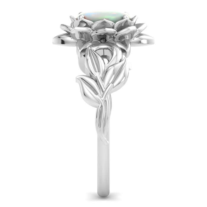 3/4 Carat Oval Shape Opal Ring with Floral Design In 14K White Gold