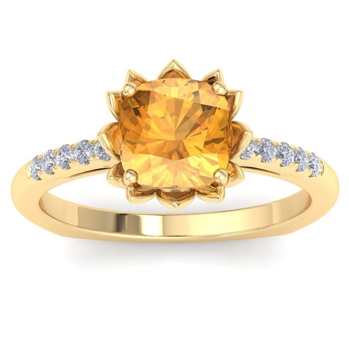 Citrine Ring: 1 1/2 Carat Cushion Cut Citrine and Diamond Ring