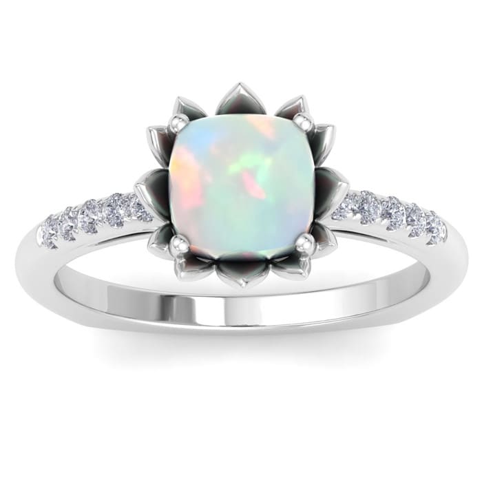 Opal Ring Cushion Cut Opal and Diamond Ring In 14K White Gold