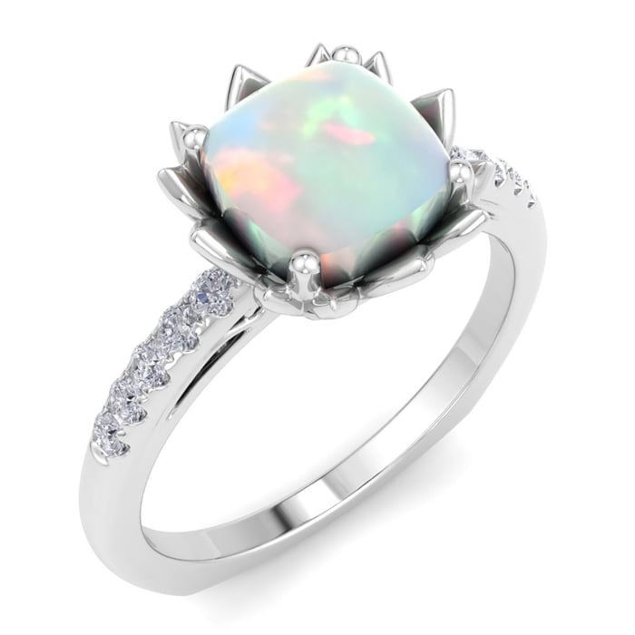 1-1/2 Carat Cushion Cut Opal and Diamond Ring In 14K White Gold