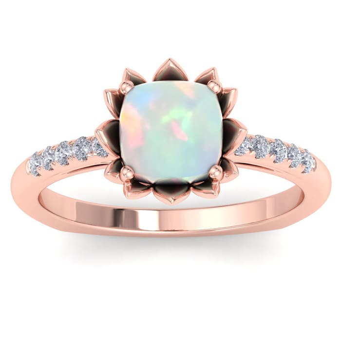 Opal Ring Cushion Cut Opal and Diamond Ring In 14K Rose Gold