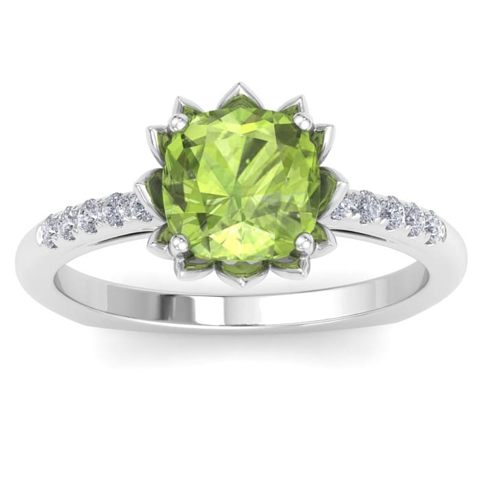 Peridot Ring: 1 1/2 Carat Cushion Cut Peridot and Diamond Ring