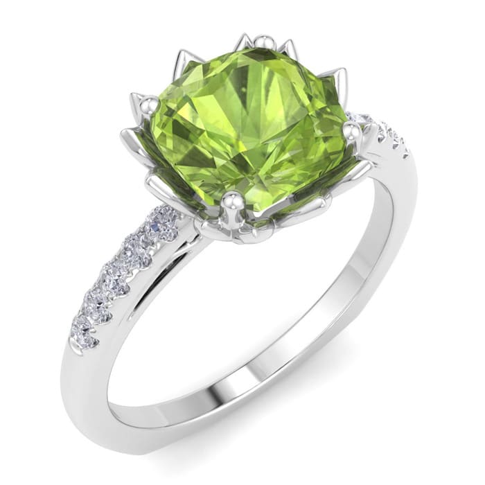 Peridot Ring: 1 1/2 Carat Cushion Cut Peridot and Diamond Ring