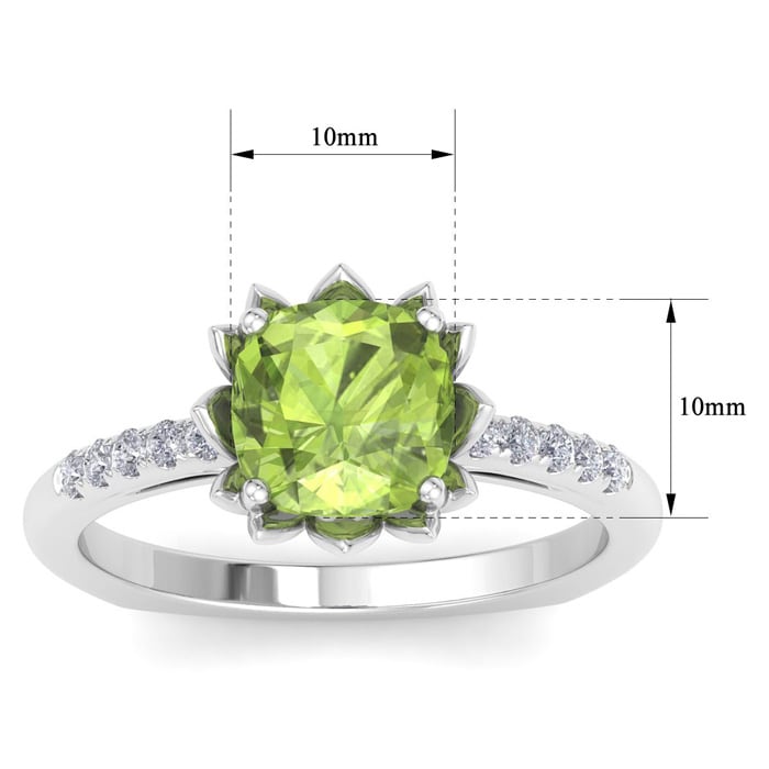 Peridot Ring: 1 1/2 Carat Cushion Cut Peridot and Diamond Ring