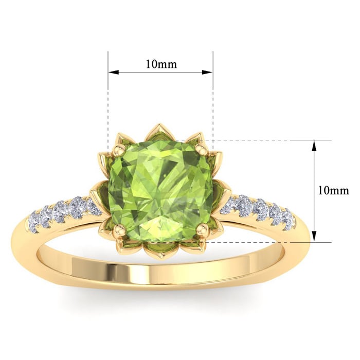 Peridot Ring: 1 1/2 Carat Cushion Cut Peridot and Diamond Ring