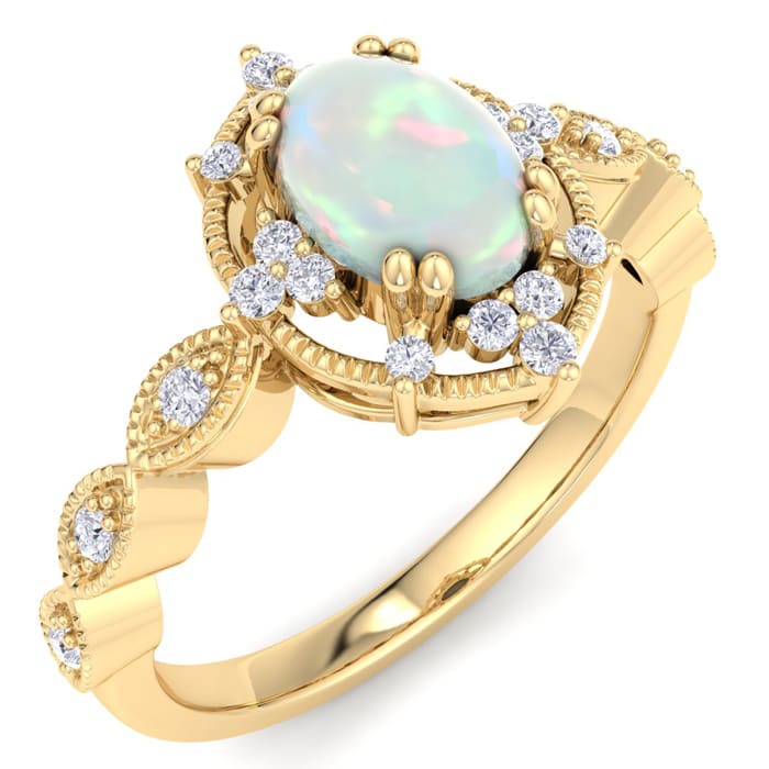 1 Carat Opal Ring with Fancy Halo Diamonds In 14K Yellow Gold