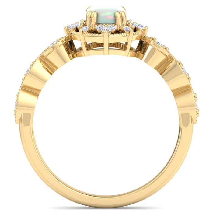 1 Carat Opal Ring with Fancy Halo Diamonds In 14K Yellow Gold