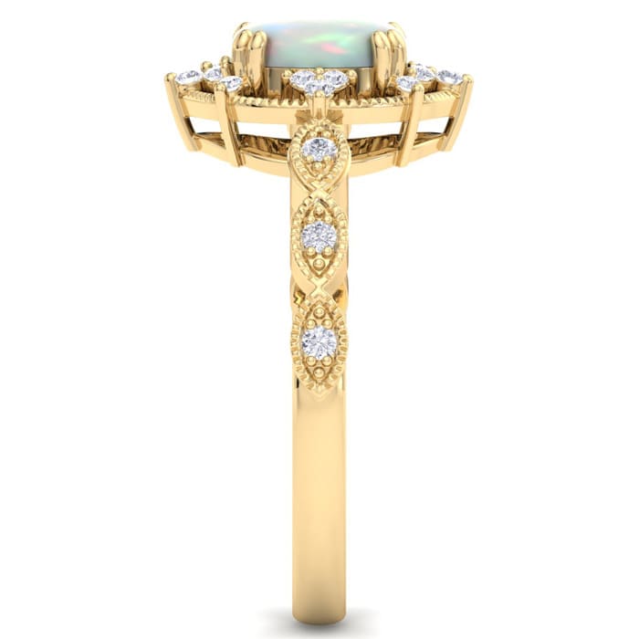 1 Carat Opal Ring with Fancy Halo Diamonds In 14K Yellow Gold