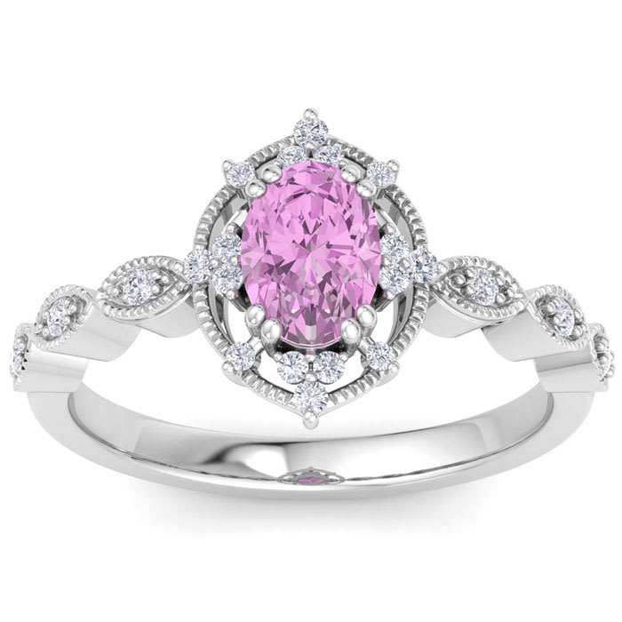 1 Carat Pink Topaz and Halo Diamond Ring In 14K White Gold