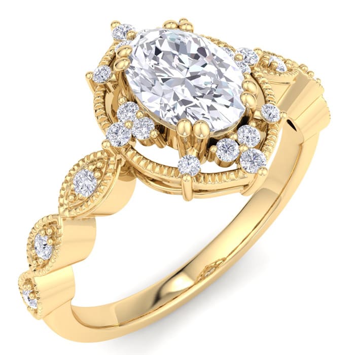1 Carat Oval Shape Halo Diamond Engagement Ring In 14K Yellow Gold