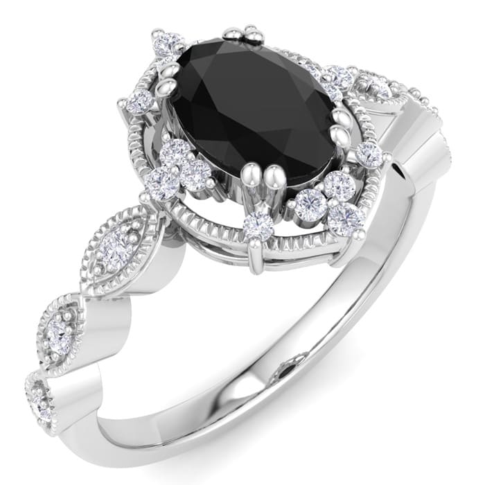 1 Carat Oval Shape Black Diamond Engagement Ring In 14K White Gold