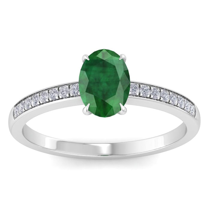 Emerald Ring: 1 Carat Oval Shape Emerald and Diamond Ring