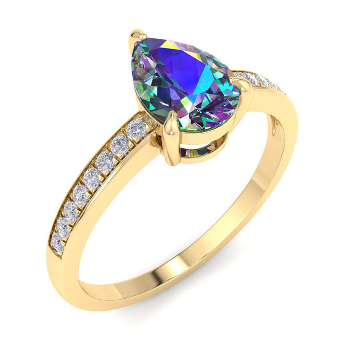 1-1/4 Carat Pear Shape Mystic Topaz Ring and Diamonds In 14 Karat Yellow Gold