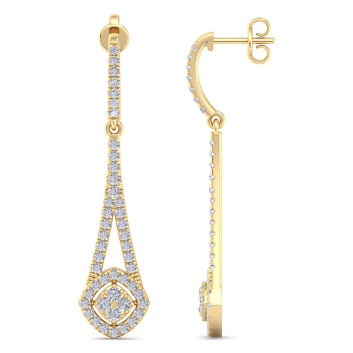 Diamond Drop Earrings: 1 Carat Diamond Chandelier Earrings In 14 Karat Yellow Gold, 1 1/2 Inches