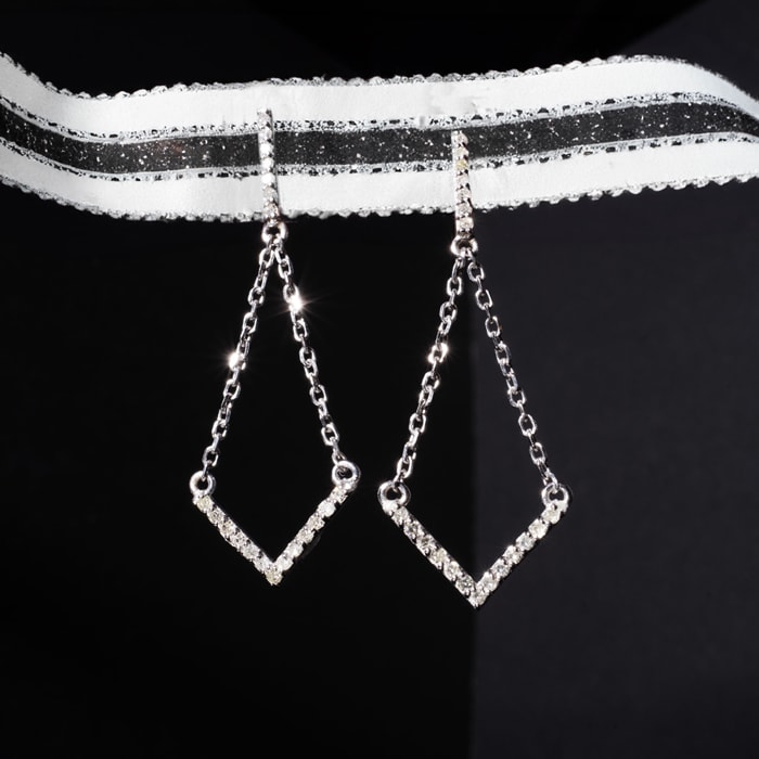 Diamond Drop Earrings: 1/3 Carat Diamond Chandelier Earrings With Chain In 14 Karat White Gold, 1 1/2 Inches