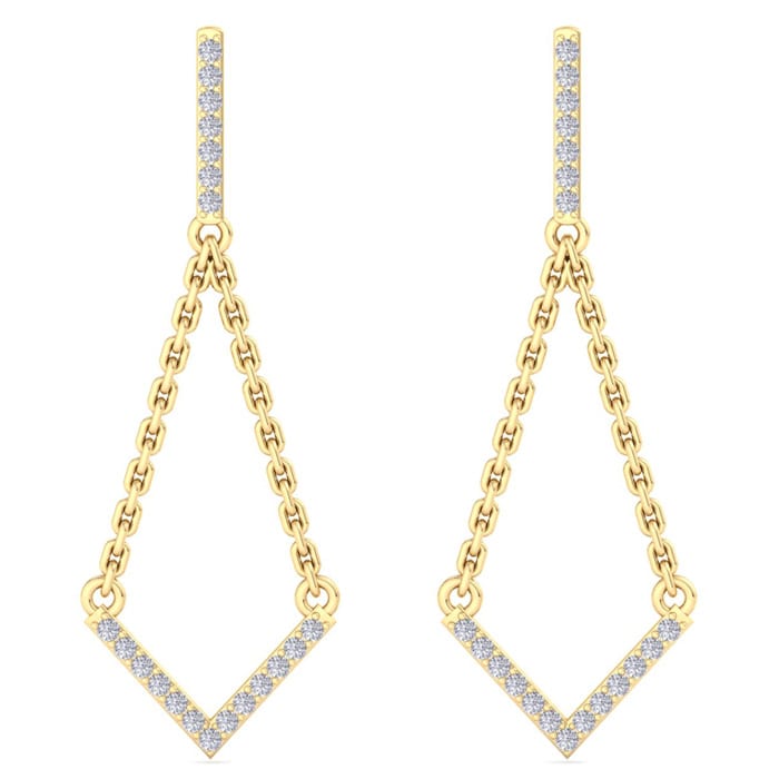 Diamond Drop Earrings: 1/3 Carat Diamond Chandelier Earrings With Chain In 14 Karat Yellow Gold, 1 1/2 Inches