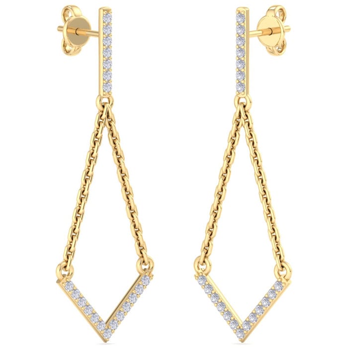Diamond Drop Earrings: 1/3 Carat Diamond Chandelier Earrings With Chain In 14 Karat Yellow Gold, 1 1/2 Inches