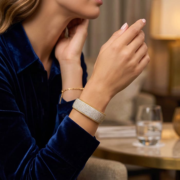 20 Carat Diamond Bangle Bracelet In 14K Yellow Gold, 3/4 Inch Wide