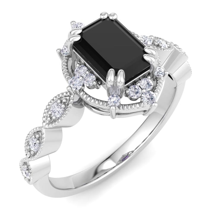 1 Carat Octagon Shape Black Diamond Engagement Ring In 14K White Gold