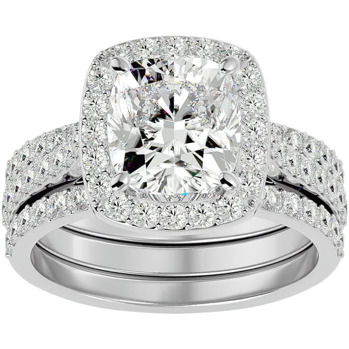 4 1/2 Carat Cushion Cut Halo Lab Grown Diamond Bridal Set In 14 Karat White Gold