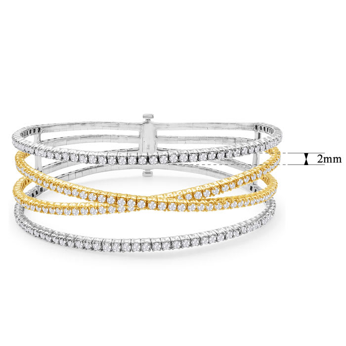 4 1/3 Carat Diamond Flexible Bangle Bracelet In 14K Two Tone Gold, 7 Inches