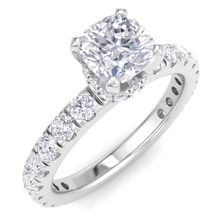 2 Carat Cushion Cut Lab Grown Diamond Hidden Halo Engagement Ring In 14K White Gold