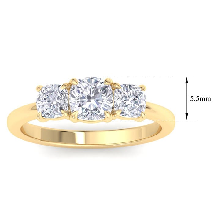 2 Carat Cushion Cut Lab Grown Diamond Three Stone Engagement Ring In 14K Yellow Gold