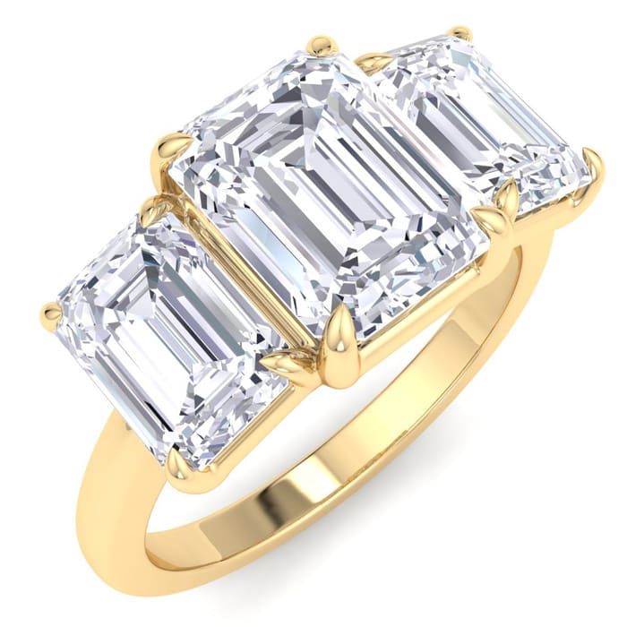 4 Carat Emerald Cut Lab Grown Diamond Three Stone Engagement Ring In 14K Yellow Gold