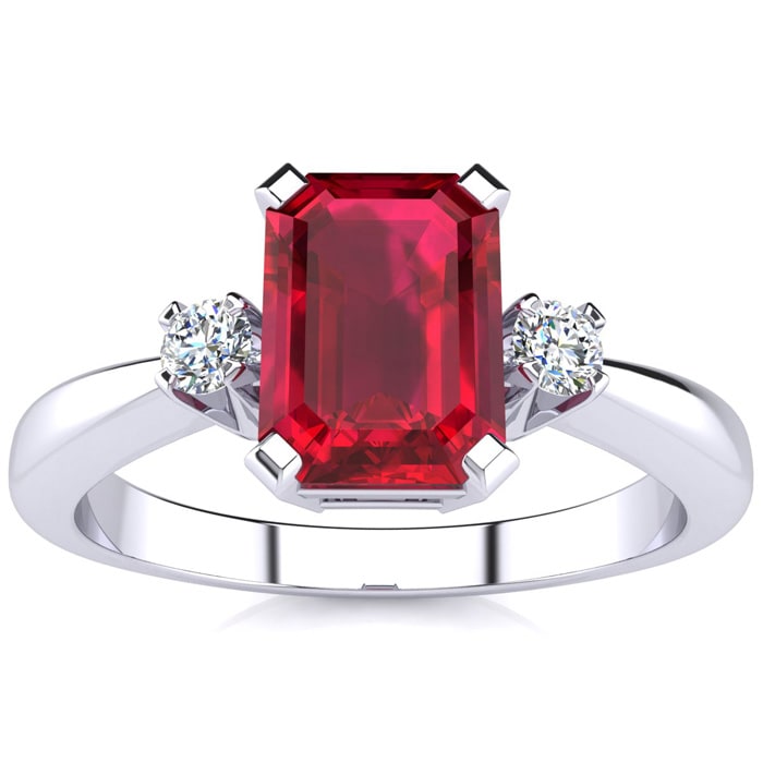 Ruby Ring: 2 1/2 Carat Octagon Shape Created Ruby and Diamond Ring In Sterling Silver
