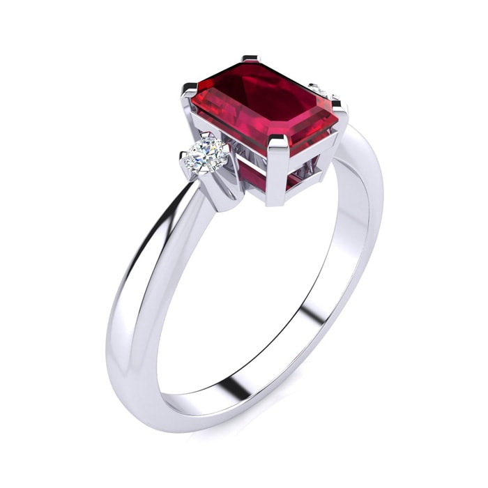 Ruby Ring: 2 1/2 Carat Octagon Shape Created Ruby and Diamond Ring In Sterling Silver