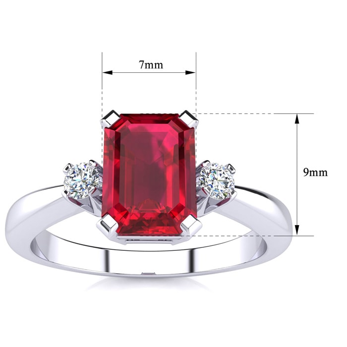 Ruby Ring: 2 1/2 Carat Octagon Shape Created Ruby and Diamond Ring In Sterling Silver