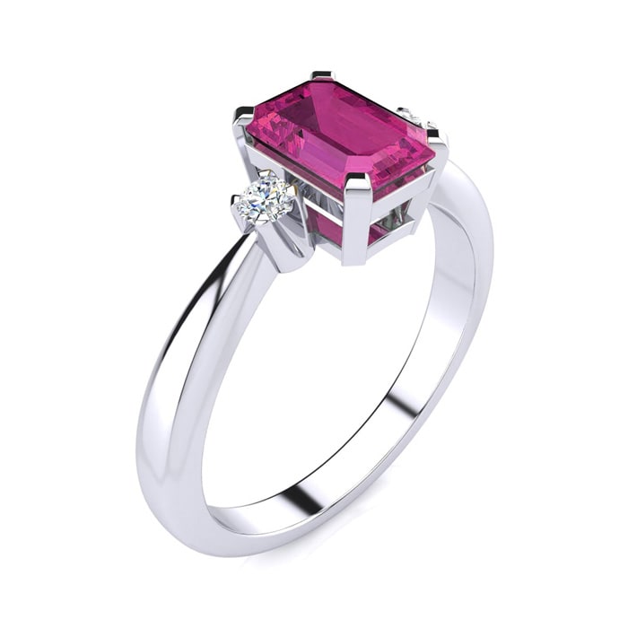 Pink Sapphire Ring: 2 1/2 Carat Octagon Shape Created Pink Sapphire and Diamond Ring In Sterling Silver