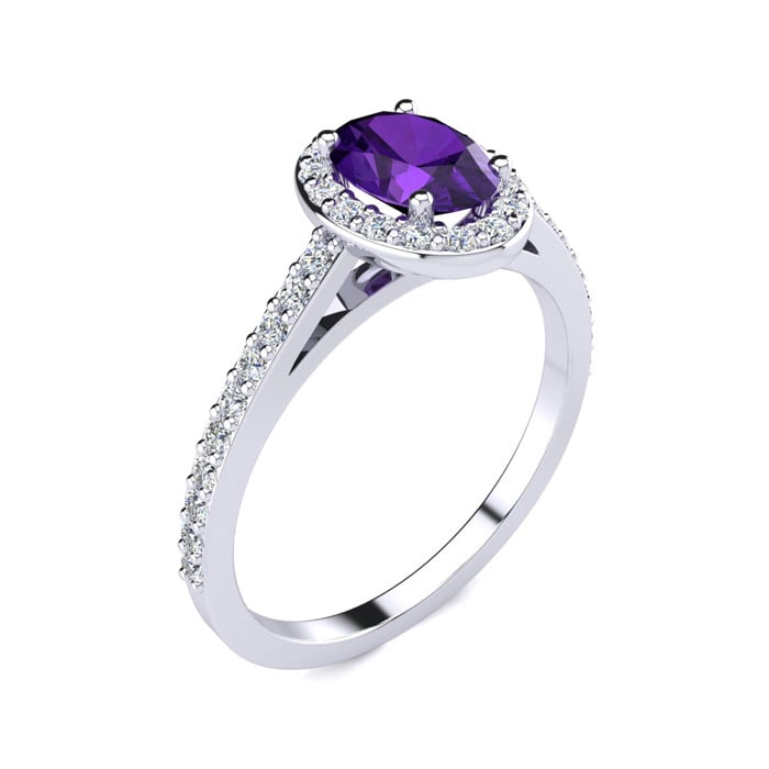 Amethyst Ring: 1 Carat Oval Shape Amethyst and Halo Diamond Ring In Sterling Silver
