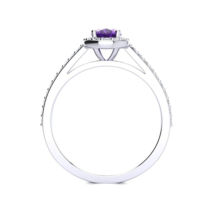 Amethyst Ring: 1 Carat Oval Shape Amethyst and Halo Diamond Ring In Sterling Silver